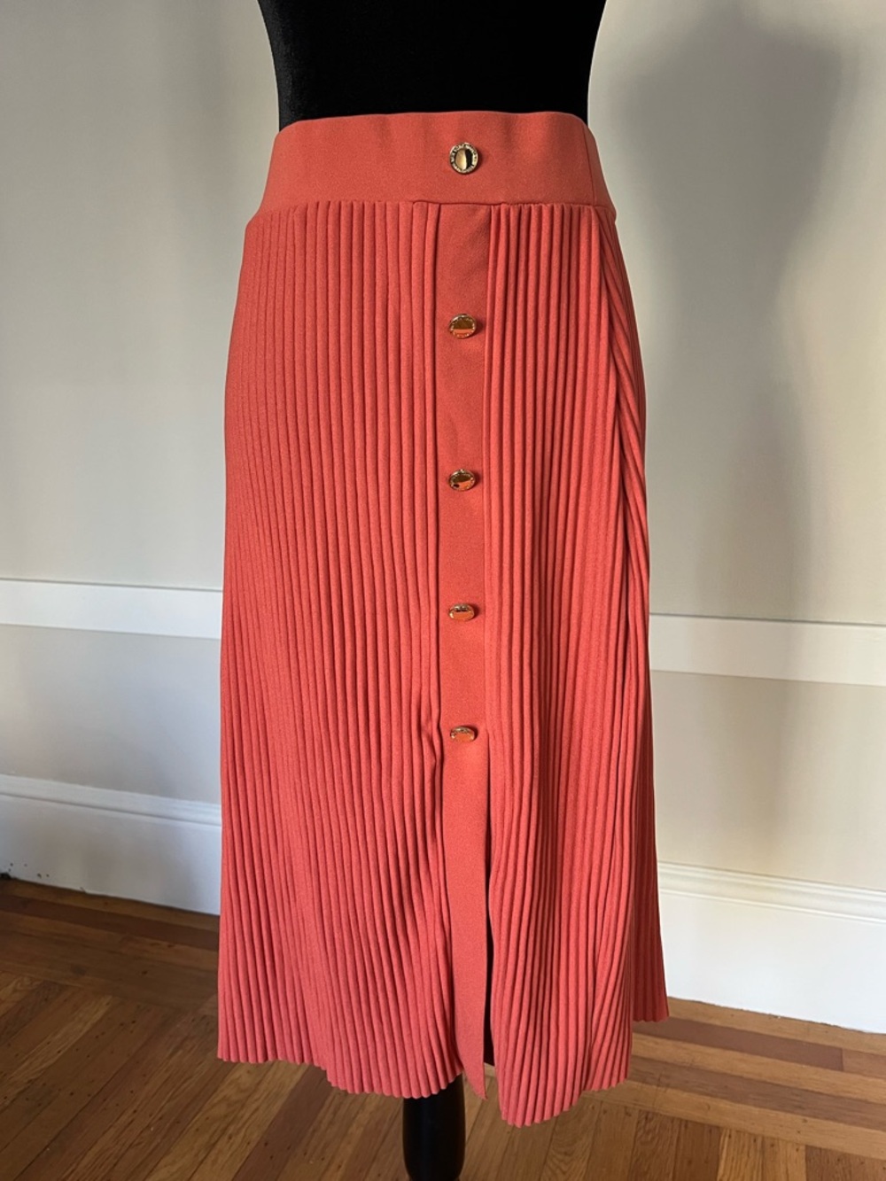 NWT Andrew Marc New York Pleated Midi Skirt w Slit & Gold Buttons Bruschetta SzM